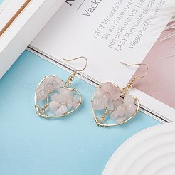 Cuore intrecciato in scaglie di quarzo rosa naturale con orecchini pendenti albero della vita&nbsp;EJEW-JE04882-01
