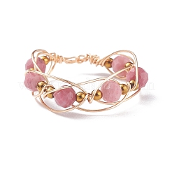 Anello da dito rotondo con perline intrecciate in rodocrosite naturale con vetro&nbsp;RJEW-JR00450-04