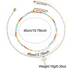 Sommerlicher Strand Regenbogen Naturstein- und Muschelherz-Doppellagen-Perlenkette mit Edelstahl-Kreuzanhänger&nbsp;EX6128-1