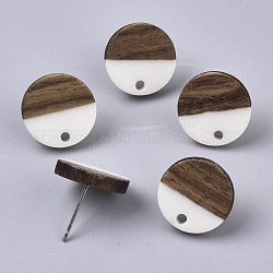 Accessoires de boucles d'oreilles en résine et bois de noyer, avec épingle en 304 acier inoxydable, plat rond, blanc crème, 15mm, Trou: 1.8mm, pin: 0.7 mm