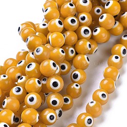 Chapelets de perle rondes au mauvais œil manuelles, jaune, 10mm, Trou: 1mm, Environ 39 pcs/chapelet, 14.96 pouce