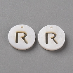 Naturali di acqua dolce pendenti shell, piatta e rotonda con la lettera, letter.r, 12x1.5mm, Foro: 1 mm