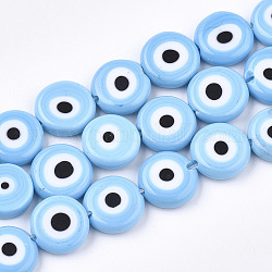 Hechos a mano de mal de ojo lampwork perlas hebras, plano y redondo, luz azul cielo, 11~13x4~5mm, agujero: 1.2 mm, aproximamente 31~33 pcs / cadena, 14.1 pulgada ~ 15.3 pulgadas