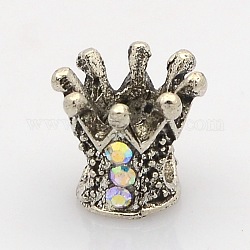 Crown Antique Silver Tone Alloy Rhinestone Beads, Large Hole Beads, Crystal AB, 10x8x8mm, Hole: 4mm