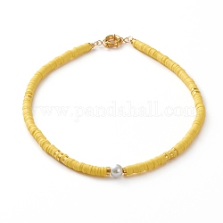 Heishi Perlenketten aus Fimo, mit runden Glas-Perlen, Distanzperlen aus Messing und Federringverschlüsse, Gelb, 17-7/8 Zoll (45.5 cm)
