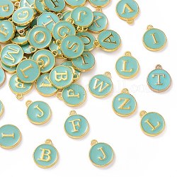 Breloques en émail d'alliage plaqué or, paillettes émaillées, plat rond avec des lettres mélangées aléatoires, turquoise, 14x12x2mm, Trou: 1.50 mm