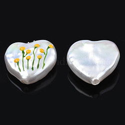 Abalorios de imitación de plástico ABS, con esmalte, medio-perforado, corazón con la flor, oro, 13.5~14x14x5mm, medio agujero: 1.2 mm