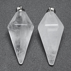 Naturales de cuarzo cristales pendientes puntiagudos, colgantes de cristal de roca, con fornituras de latón, bala, Platino, 38.5x16x14.5mm, agujero: 5x8 mm
