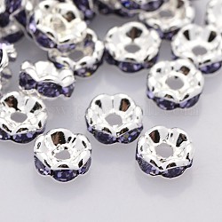 Perline distanziatori strass in ottone, grado a, bordo ondulato, colore argento placcato, rondelle, tanzanite, 6x3mm, Foro: 1 mm