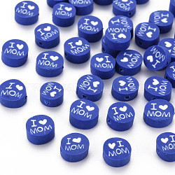 Handmade Polymer Clay Beads, Mother's Day Theme, Flat Round with Word I Love MOM, Blue, 8~9.5x3.5~4.5mm, Hole: 1.5mm