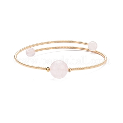 Armreif mit runden Perlen aus natürlichem Rosenquarz, Stahl-Memory-Draht-Drehmomentarmreif für Frauen, golden, Innendurchmesser: 2-1/4 Zoll (5.7 cm)