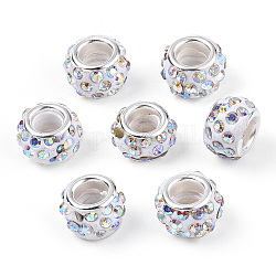 Perles européen avec strass en argile polymère, Perles avec un grand trou   , rondelle, avec noyaux en laiton plaqué couleur argent, cristal ab, 10~12x7~8mm, Trou: 5mm
