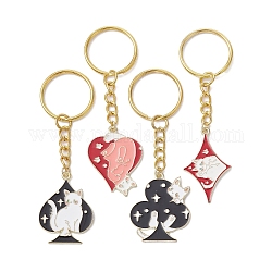 4 Stück 4 Stile Legierung Emaille Anhänger Schlüsselanhänger, mit eisernem Schlüsselbundring, Spielkarten mit Katze, Mischfarbe, 8.2~8.6 cm, 1pcs / style