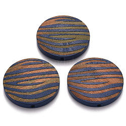 Cuentas de madera natural pintada, patrón grabado con láser, redondo plano con rayas de cebra, azul de Prusia, 30x5mm, agujero: 1.6 mm