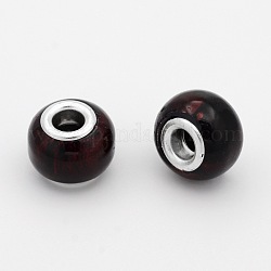 Spray Painted Glass European Beads, Large Hole Rondelle Beads, with Silver Tone Brass Cores, Dark Red, 14x10mm, Hole: 5mm