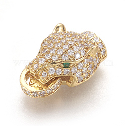 Brass Micro Pave Cubic Zirconia Fold Over Clasps, Leopard Head, Clear, Golden, 19x10x8mm, Hole: 0.7~1.2mm