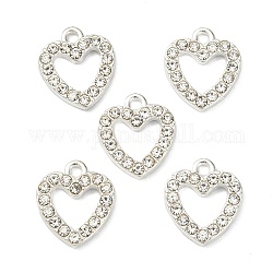 Alloy Rhinestone Charms, Heart, Silver Color Plated, 14x12.5x2.5mm, Hole: 2mm