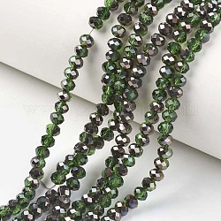Placcare trasparente perle di vetro fili, metà nero placcato, sfaccettato, rondelle, verde, 6x5mm, Foro: 1 mm, circa 85~88pcs/filo, 16.1~16.5 pollice (41~42 cm)