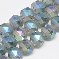 Electroplate Glass Beads Strands, Rainbow Plated, Frosted, Faceted, Round, Light Sky Blue, 9~10x9~10mm, Hole: 2mm, about 72pcs/strand, 25.98 inch