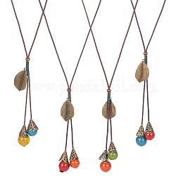 ANATTASOUL 4Pcs 4 Colors Polyester Cords Lariat Necklaces Set, Alloy Leaf & Ceramics Beads Pendant Necklaces, Mixed Color, 25.59 inch(65cm), 1pc/color