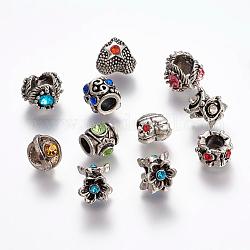 Alloy Rhinestone European Beads, Large Hole Beads, Antique Silver Color, Size: about 6~12mm long, round: 4~5mm in diameter