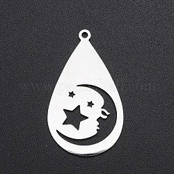 201 Stainless Steel Pendants, Laser Cut, Teardrop with Moon & Star, Stainless Steel Color, 38x22x1mm, Hole: 1.8mm