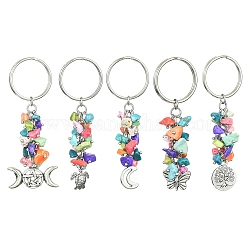 Porte-clés en alliage, avec perles synthétiques turquoise et anneau porte-clés en fer, papillon/tortue/arbre de vie/lune, couleur mixte, 7.2~8 cm