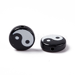Perles acryliques opaques, plat rond avec motif yin yang, noir, 11x3.5mm, Trou: 1.5mm