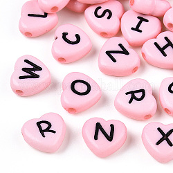 Perline acriliche opache a foro orizzontale, cuore con lettere casuali, roso, 10.5x11.5x4.5mm, Foro: 2 mm