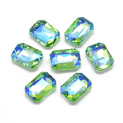 Cabujones de cristal con rhinestone, espalda plateada, facetados, color de ab chapado, octágono rectángulo, verde claro, 14x10x4.5mm