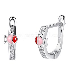 Girl's Lovely 925 Sterling Silver Fish Hoop Earrings, Mirco Pave Cubic Zrconia & with Enamel, Carved 925, Pink, Silver