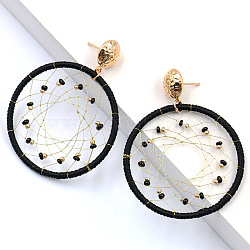 Iron Woven Net/Web Dangle Stud Earrings, with Nylon Cord, Polyester Thread and Seed Beads, Alloy Findings, Golden, Black, 68x47mm