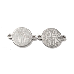 Religion 304 Stainless Steel Connector Charms, Flat Round with Saint Benedict Cross, Stainless Steel Color, 19x13.5x1mm, Hole: 1.8mm