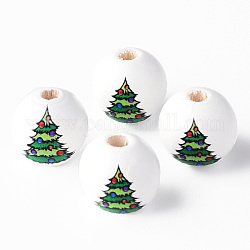 Perline rotonde in legno naturale dipinte, albero di Natale, verde, 16x15mm, Foro: 4 mm