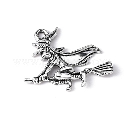 Tibetan Style Witch Alloy Pendants, Halloween, Cadmium Free & Nickel Free & Lead Free, Antique Silver, 29.5x37x3.5mm, Hole: 3mm