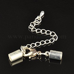 Silver, about 85mm long. Lobster Claw Clasps: about 6mm wide, 12mm long, Cord Ends: about 5mm wide, 8.8mm long, 4.5mm inner diameter.