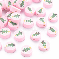 Abalorios de arcilla polimérica hechos a mano, Redondo plano con el árbol de Navidad, rosa, 10x4mm, agujero: 1.6 mm
