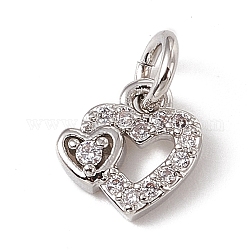 Brass Micro Pave Clear Cubic Zirconia Charms, with Open Jump Rings, Heart with Bear, Platinum, 8x8x2mm, Hole: 2.7mm