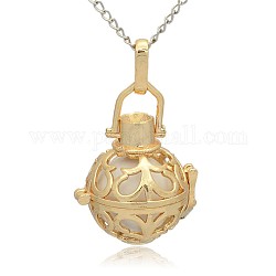 Golden Tone Brass Hollow Round Cage Pendants, with No Hole Spray Painted Brass Round Beads, White, 33x24x21mm, Hole: 3x8mm