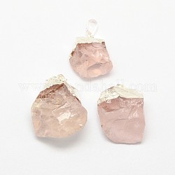 Bisel natural de la piedra preciosa en bruto en bruto rosa colgantes de cuarzo, Con fornituras de latón chapado en color plateado, pepitas irregulares, 25~55x21~40x10~35mm, agujero: 8x4 mm