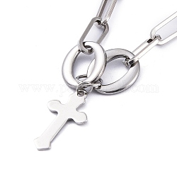 304 Stainless Steel Pendant Necklaces, with Paperclip Chains and Lobster Claw Clasps, Cross, Stainless Steel Color, 20.15 inch(51.2cm)