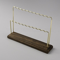 2-Tier Iron Bar Earring Display Stands, with Coffee Color Wooden Base, Desktop Jewelry Organizer Holder for Earring Storage, Light Gold, Finish Product: 22x5x14.6cm