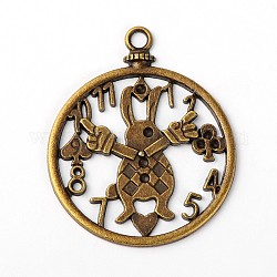 Alloy Alice in Wonderland Clock Big Pendants, White Rabbit, Lead Free & Nickel Free, Antique Bronze, 50x41x2mm