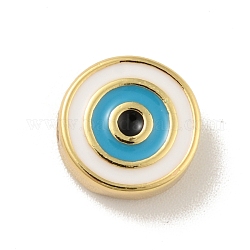Brass Beads, with Enamel, Cadmium Free & Lead Free, Long-Lasting Plated, Flat Round with Evil Eye, Real 18K Gold Plated , White, 10x4mm, Hole: 1.2mm