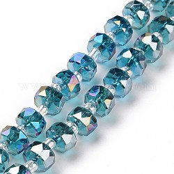 Chapelets de perles en verre transparent électrolytique, de couleur plaquée ab , facette, rondelle, sarcelle, 7.5~8x4.5mm, Trou: 1.2mm, Environ 80 pcs/chapelet, 22.05'' (56 cm)
