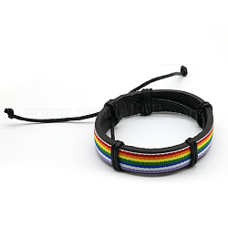 Bracelet cordon en cuir à rayures, bracelet réglable tressé pour homme femme, colorées, 7-1/4 pouce (18.5 cm)