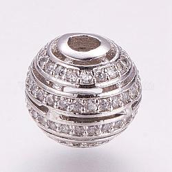 Perles de zircone cubique micro pave en Laiton, ronde, platine, 10x9mm, Trou: 2.5mm