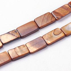 Natural Freshwater Shell Beads Strands, Dyed, Rectangle, Saddle Brown, 13~14x7.5~10x3mm, Hole: 0.5mm, about 30pcs/strand, 15.9 inch~16 inch(40.4~40.7cm)
