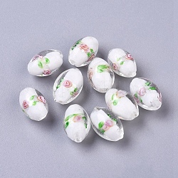 Argent à la main feuille perles de verre au chalumeau, ovale avec des fleurs, blanc, 16~17x9~11mm, Trou: 1.5~2mm