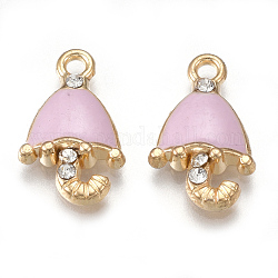 Alloy Pendants, Cadmium Free & Lead Free, with Enamel and Rhinestone, Umbrella, Light Gold, Crystal, Pearl Pink, 17x10x3mm, Hole: 1.5mm